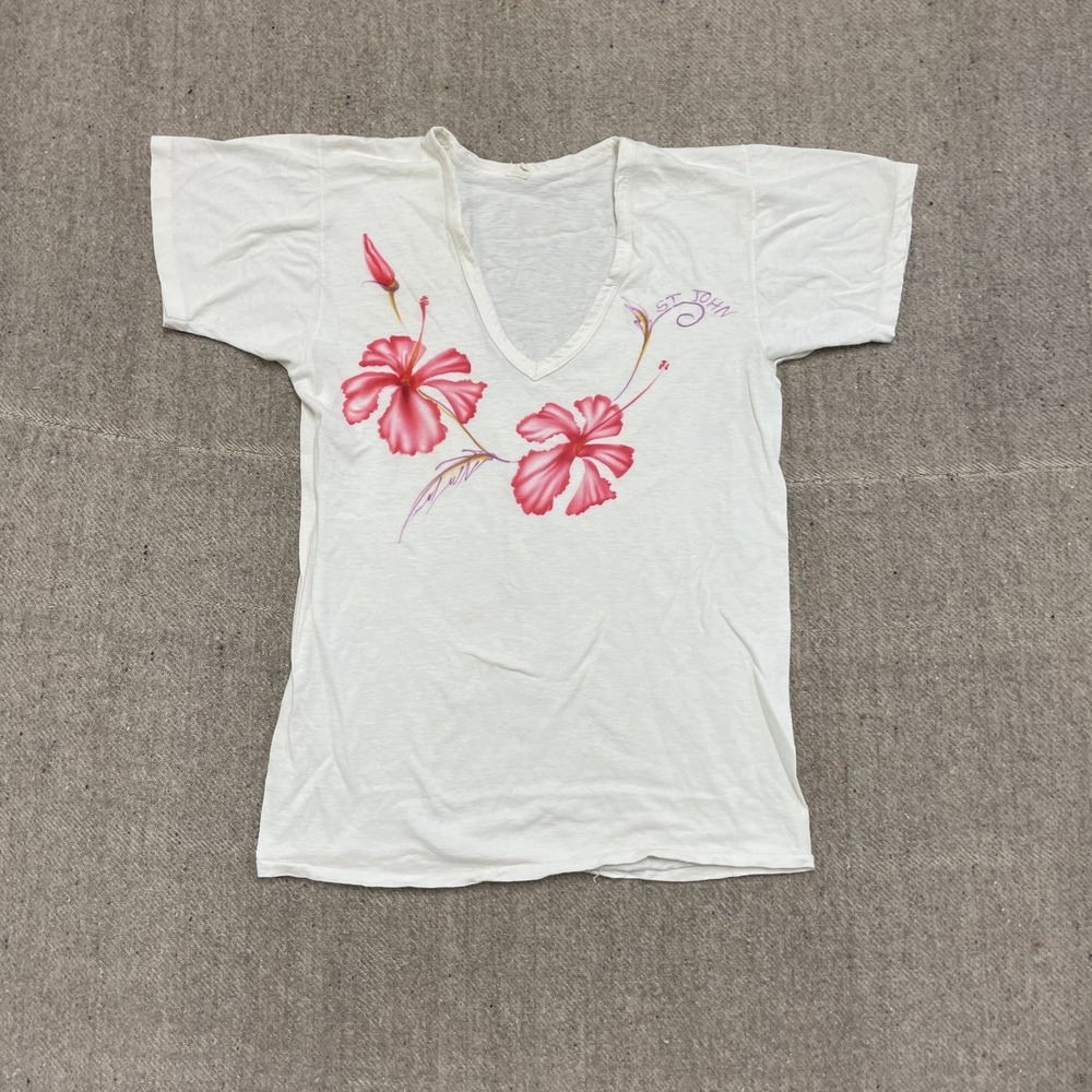 vintage floral deep v neck shirt womens medium white 1970s airbrush